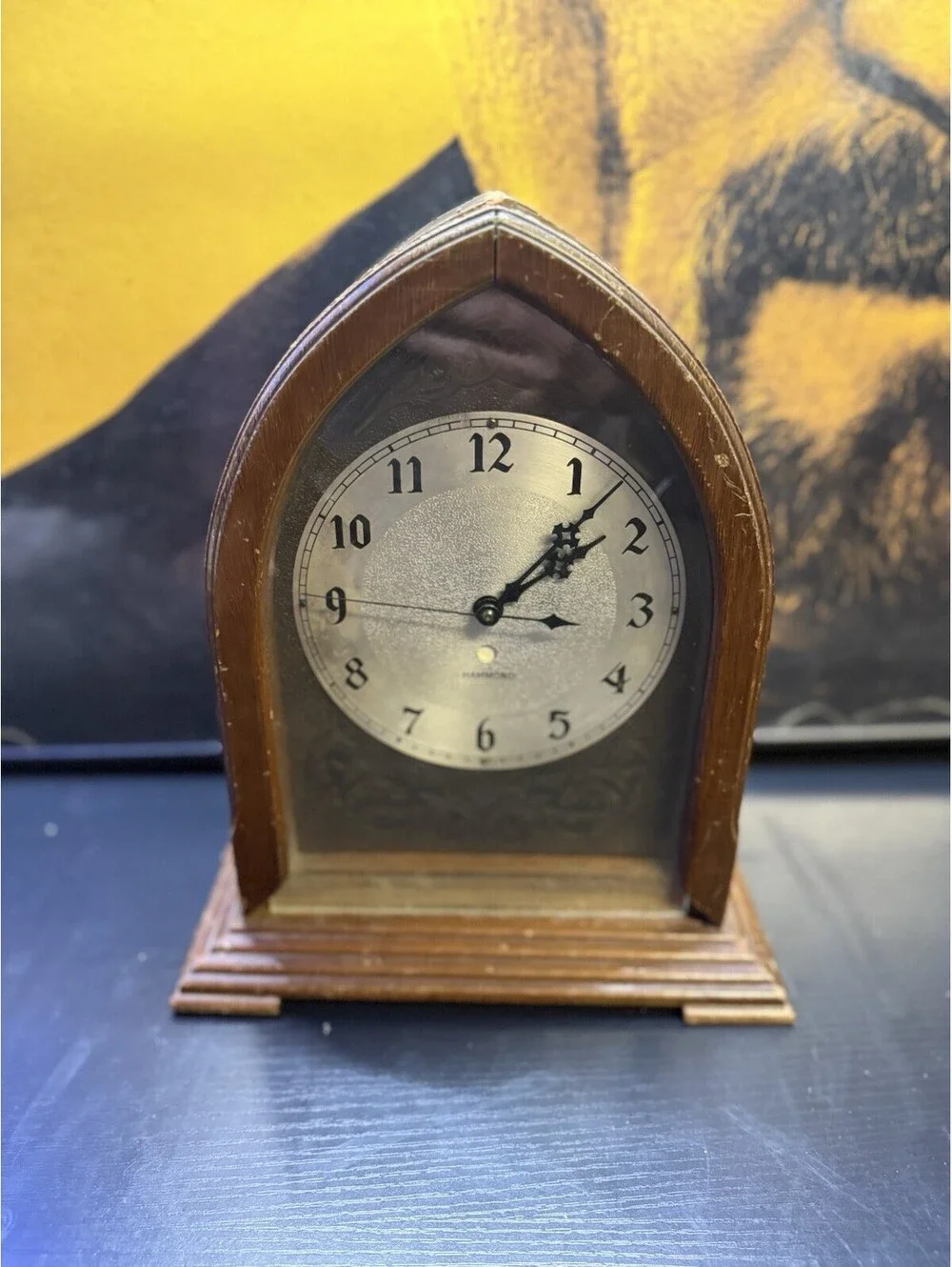 Vintage 1930s Hammond Electric Wood Desk Clock Gothic Arch Spin Start Art Deco
